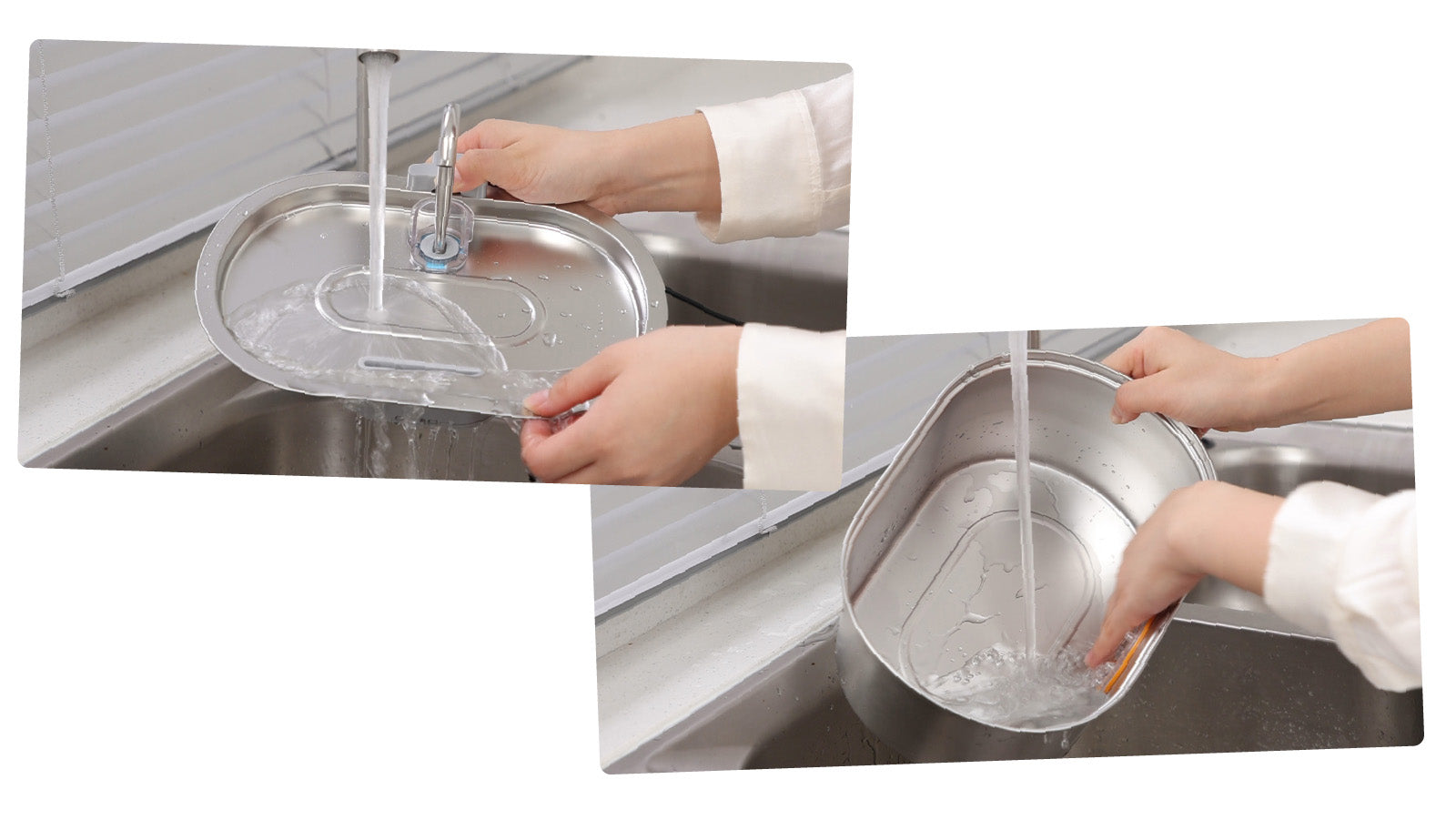 Graphics showing hands washing the best cat water fountain by PawsPik under a kitchen faucet.