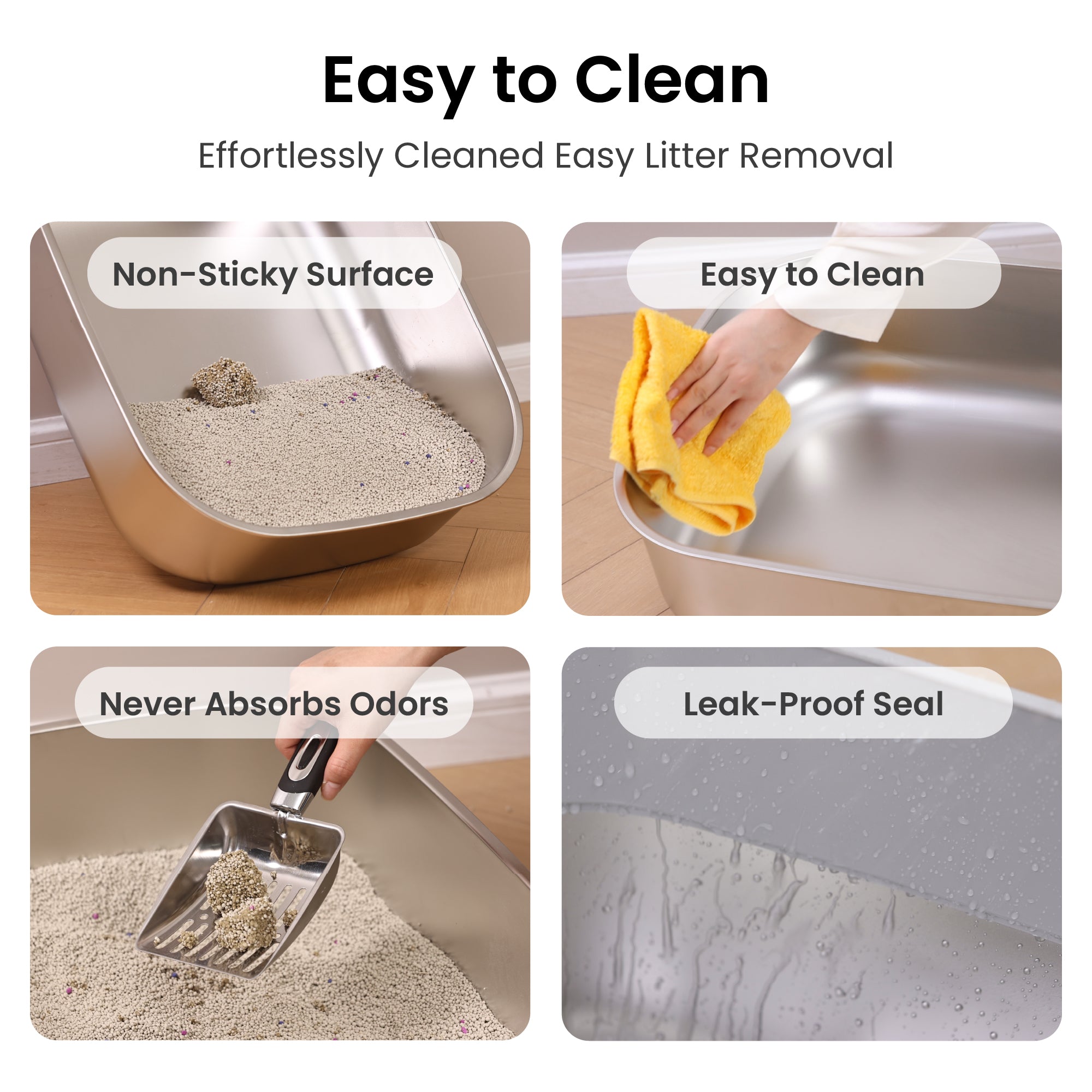 Graphic for the PawsPik large cat litter box highlighting features: non-sticky, easy clean, odor-free, and leak-proof.