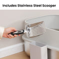 Load image into Gallery viewer, Hand holding a stainless steel litter scooper next to PawsPik cat litter box.