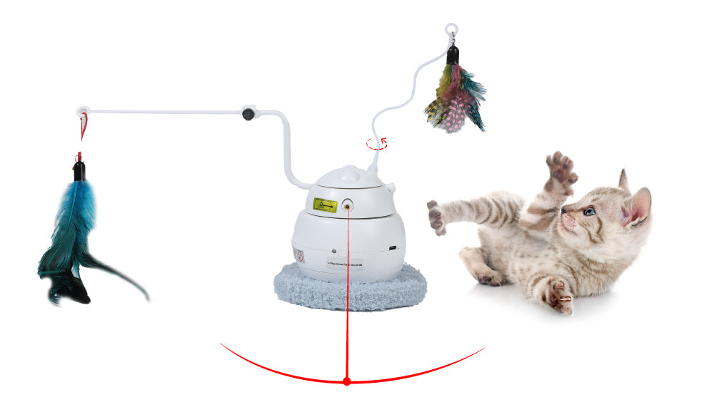 PawsPik Automatic cat toy with feather attachments and a playful kitten interacting with it, enhancing feline engagement and exercise.