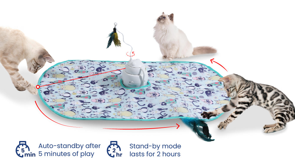 Three cats playing with an interactive cat toy mat featuring a central activity unit and colorful cat-themed designs.