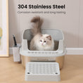 Load image into Gallery viewer, A fluffy cat sits inside a 304 stainless steel cat litter box by PawsPik with text highlighting its features.