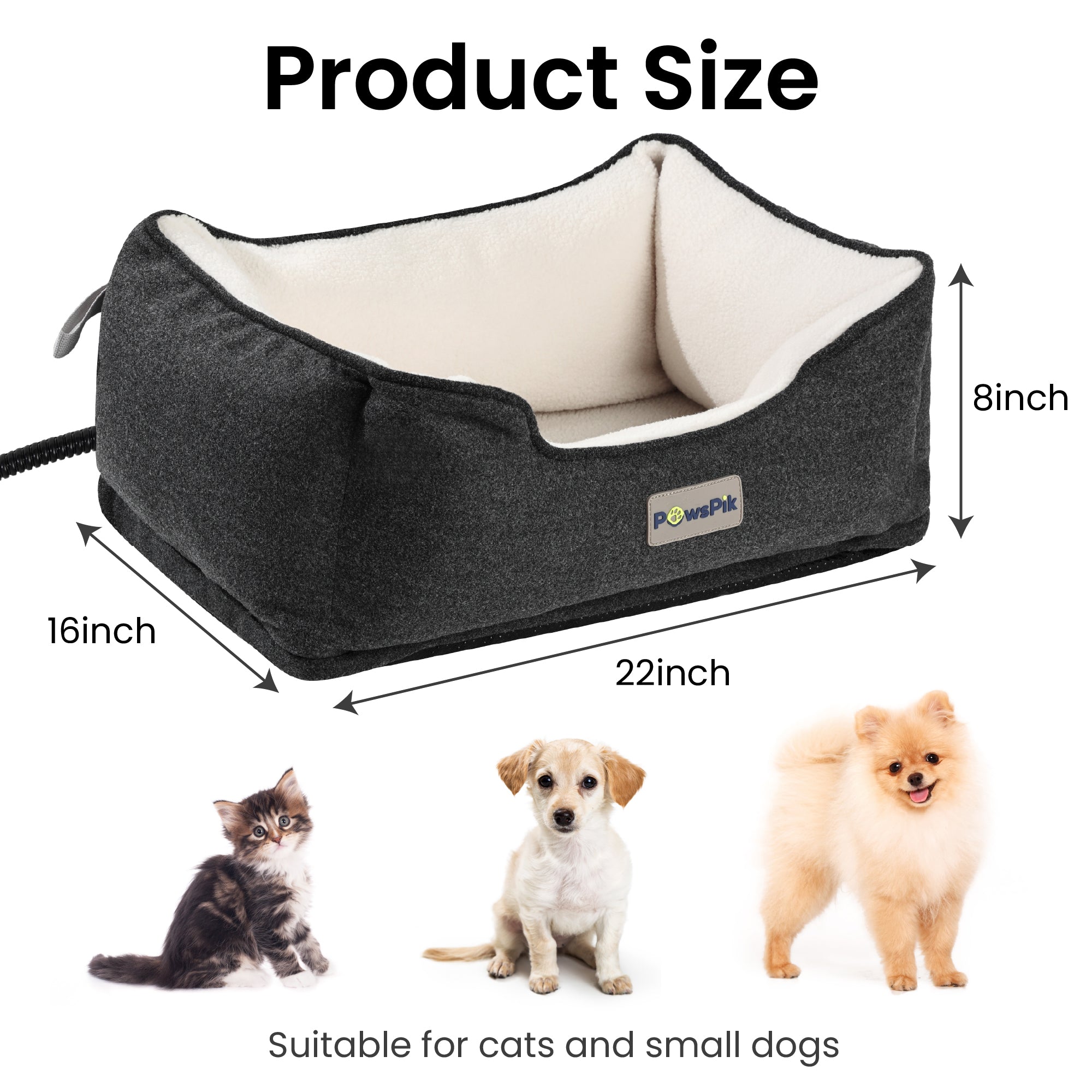 Orthopedic dog bed by PawsPik with dimensions labelled, next to a cat and two dogs, indicating suitability for small pets.