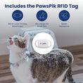 Load image into Gallery viewer, A playful cat wearing a PawsPik RFID tag with a caption highlighting its features: easy attachment, slim design, and splash resistance.
