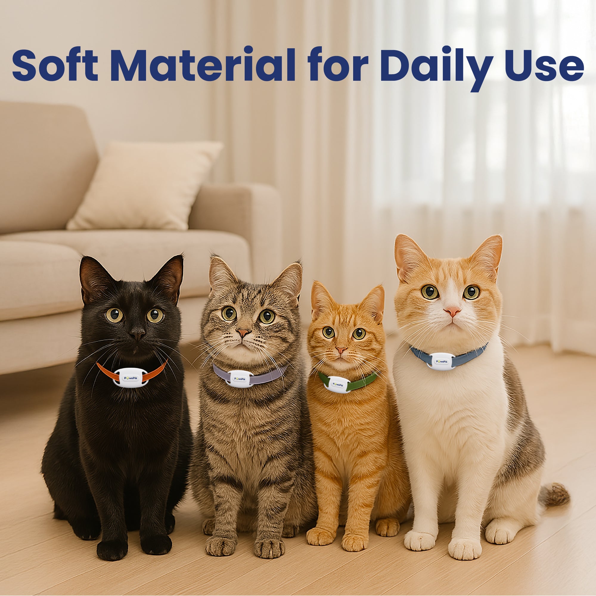 Four cats of different breeds sit together, each wearing a colorful Cat Feeder tag collar, in a bright living room with a couch and curtains.