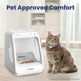 Load image into Gallery viewer, A cat sits beside a modern white RFID Microchip pet feeder in a bright, cozy room, showcasing pet-friendly design and comfort.
