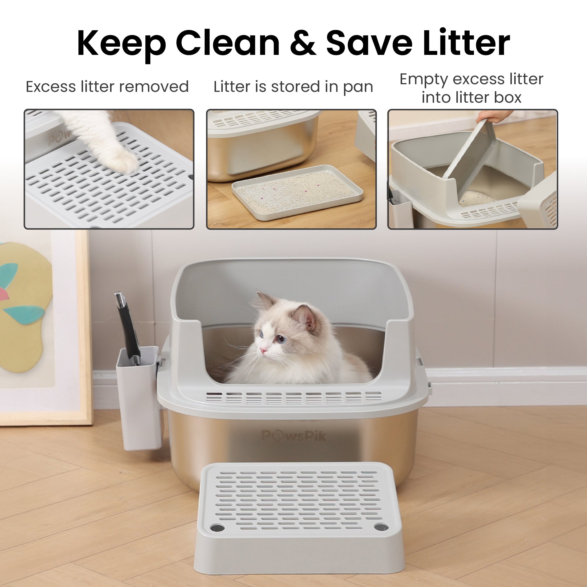 Graphic for the cat litter box by PawsPik with a cat inside, showcasing the steps for a clean and efficient litter system.