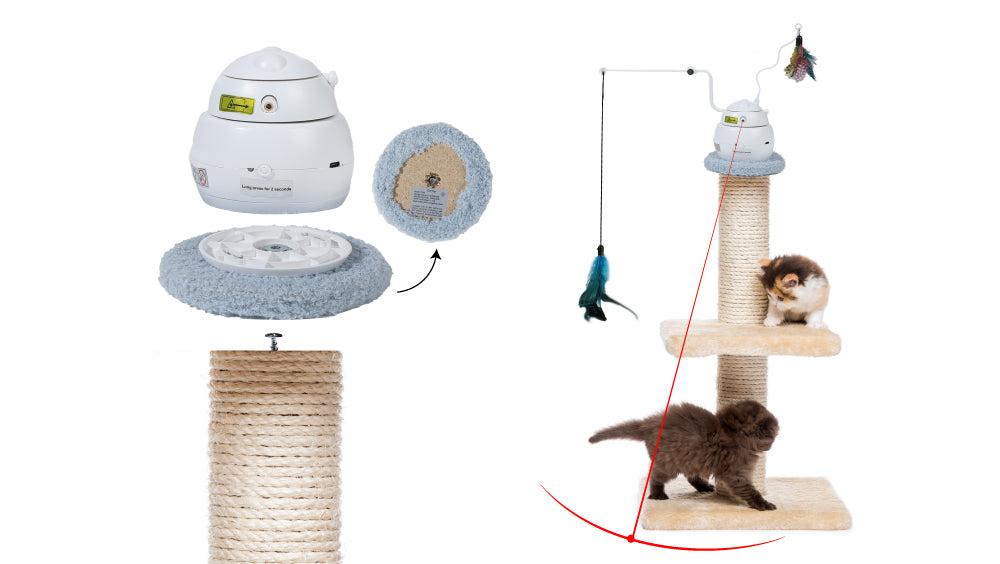Cat tree attachment with toys, enhancing feline playtime. Features a fluffy base, scratching pole, and an interactive dangling toy.