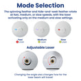 Load image into Gallery viewer, Image showing three mode settings of PawsPik Automatic Cat Toy: Fast (no laser), Medium (blue light, laser on), and Slow (red light, laser on), with adjustable angle.