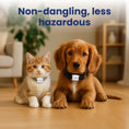 Load image into Gallery viewer, A playful orange tabby cat and a golden retriever puppy sit together on a hardwood floor wearing Microchip Activated Cat Feeder Collar, with a cozy living room backdrop.
