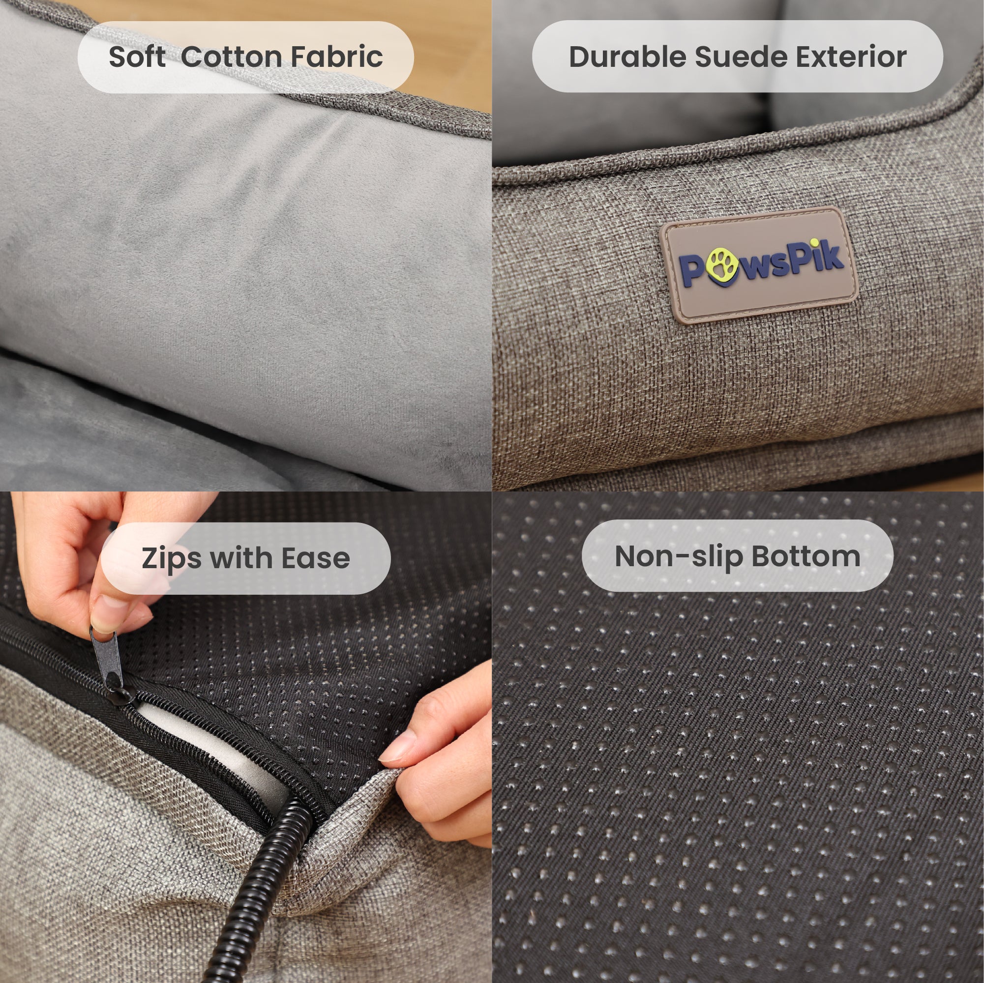 Collage of the PawsPik heated pet bed features: soft cotton fabric, durable suede, easy zip, and non-slip bottom.