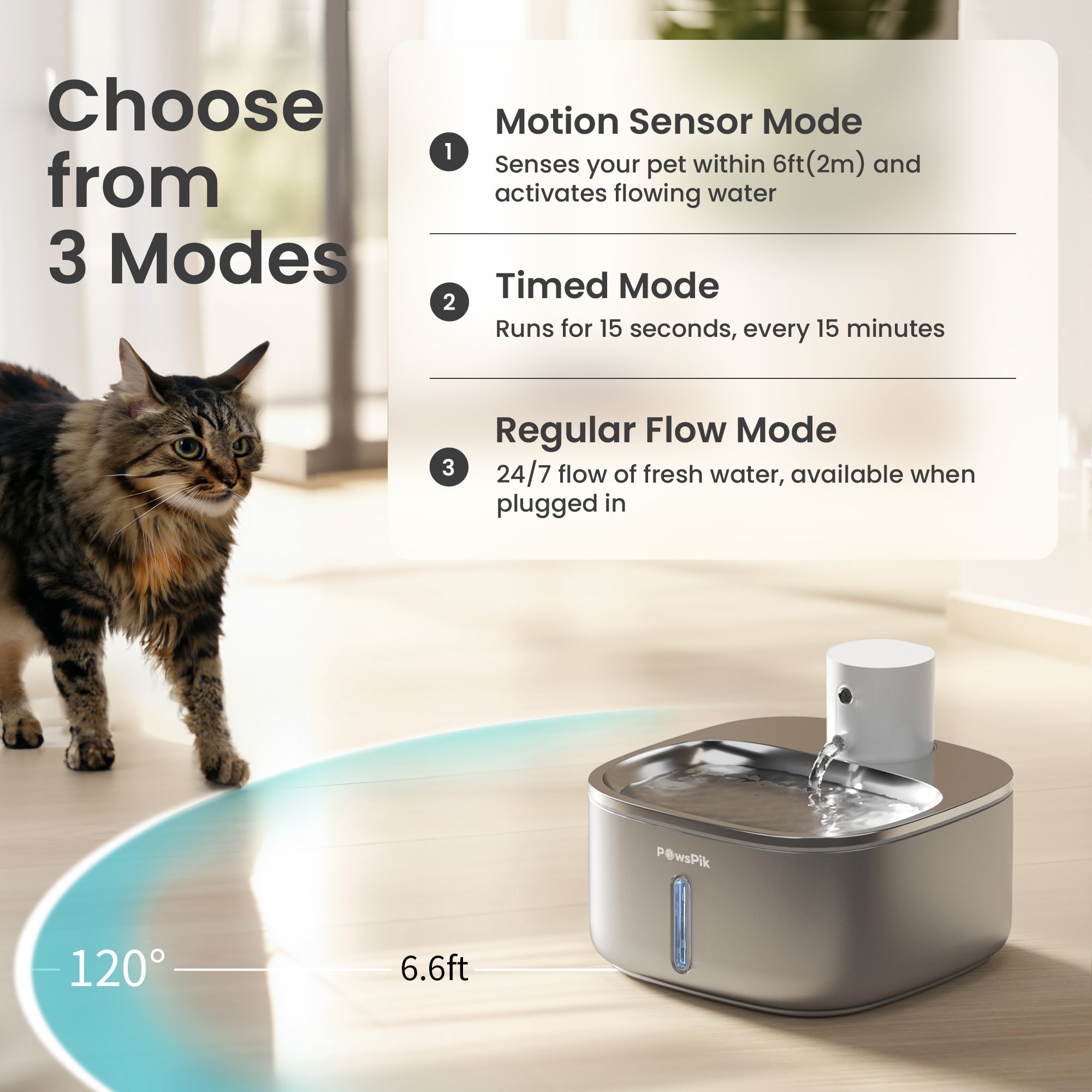 Cat near the Pawspik automatic pet water fountain with selectable modes highlighted and showing its 6.6ft
motion sensor range.