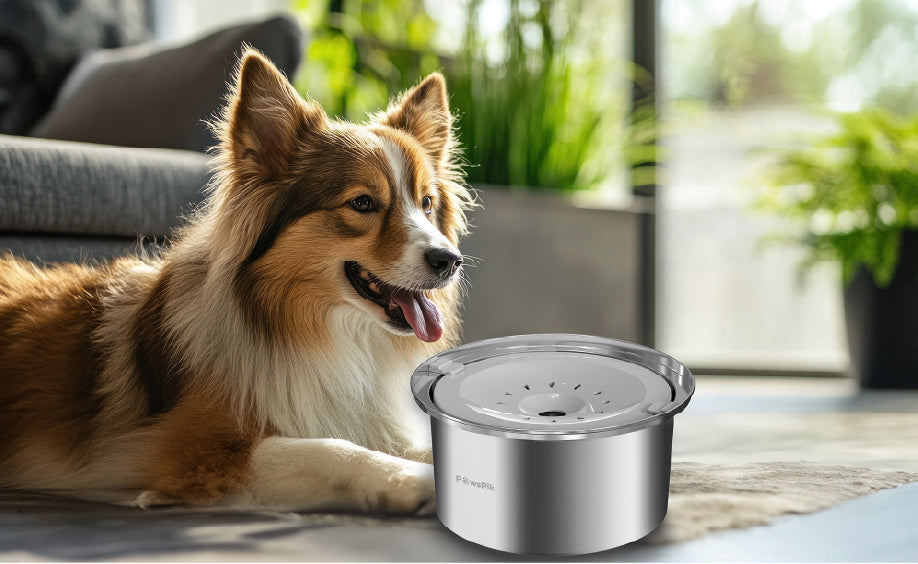 A happy dog lies beside a stylish water bowl for dogs in a sunlit modern living space, surrounded by greenery.