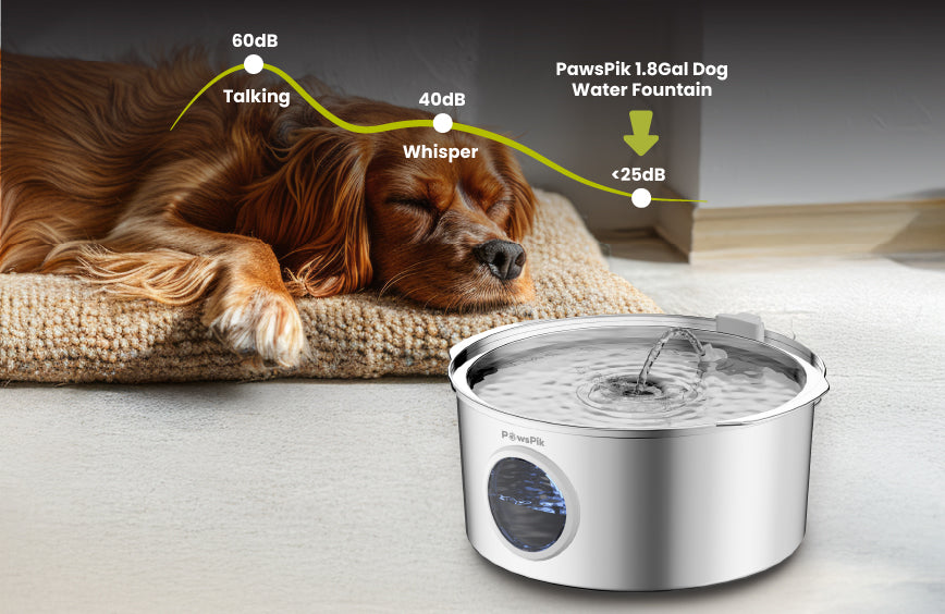 A sleeping dog beside the PawsPik 1.8 Gal Water Fountain for Dogs, indicating its quiet operation at less than 25dB.