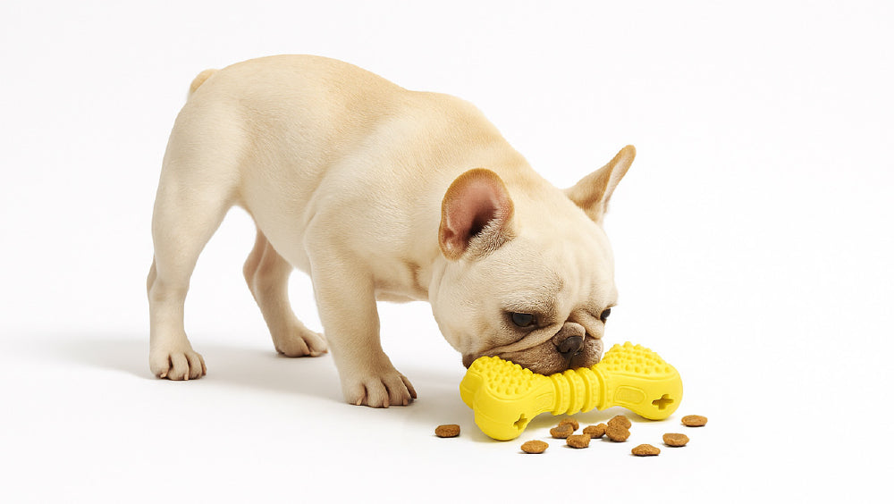 French bulldog chewing yellow rubber bone toy with treats dispensing during play
