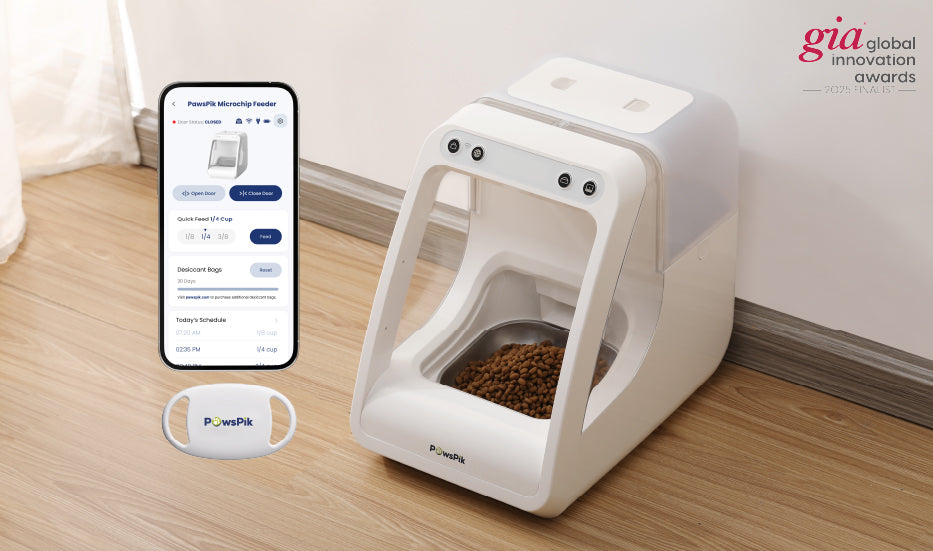 A white microchip cat feeder beside a smartphone displaying feeding options and a pet device, both on a wooden floor.