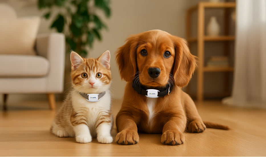 A playful orange tabby cat and a golden retriever puppy sit together on a hardwood floor wearing Microchip Activated Cat Feeder Collar, with a cozy living room backdrop.