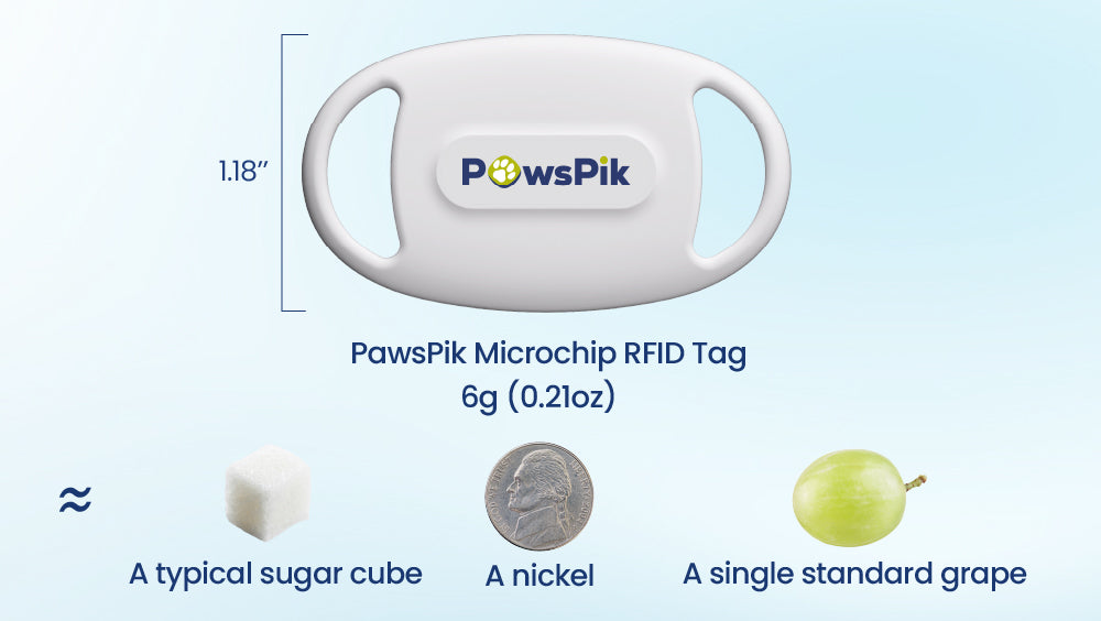 PawsPik Microchip Cat Feeder Tag, 1.18” long and weighing 6g, compared in size to a sugar cube, a nickel, and a grape.