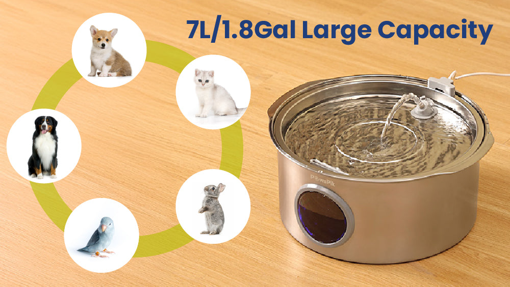A silver automatic pet waterer surrounded by illustrations of a corgi, kitten, dog, parakeet, and rabbit, labeled "7L/1.8Gal Large Capacity.