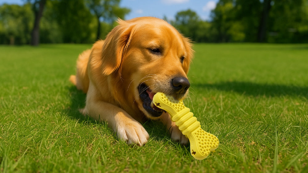 Dog playing with a yellow toy on a grassy field