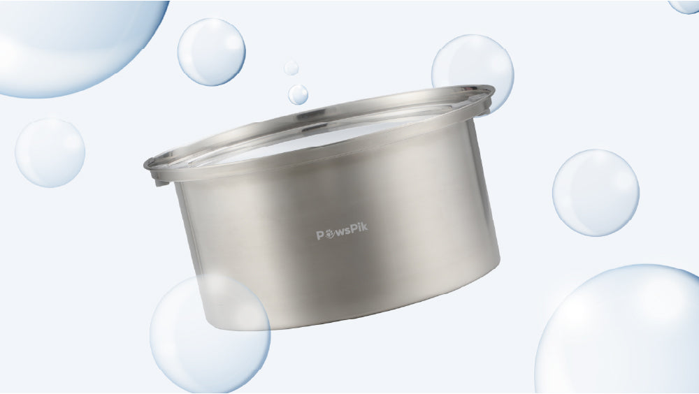 A stainless steel dog water bowl with a lid, surrounded by bubbles on a light blue background. The brand "PawsPik" is visible.