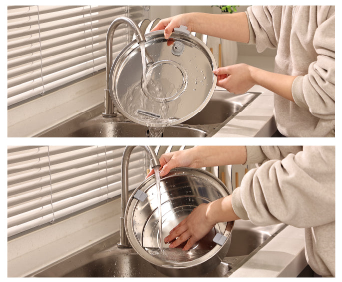 A person rinses a large dog water bowl in a kitchen sink, showcasing an effective cleaning process.