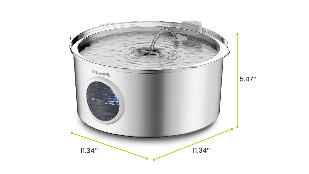 Stainless steel pet water fountain with flowing water, measuring 11.34" x 11.34" x 5.47", featuring a transparent viewing window.