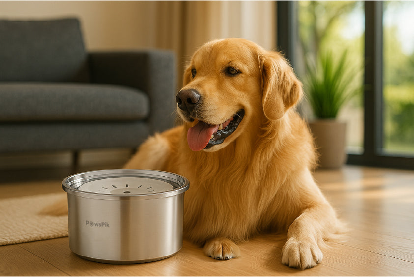 A golden retriever sits beside a stainless steel dog bowl in a cozy living room, sunlight filtering through windows.