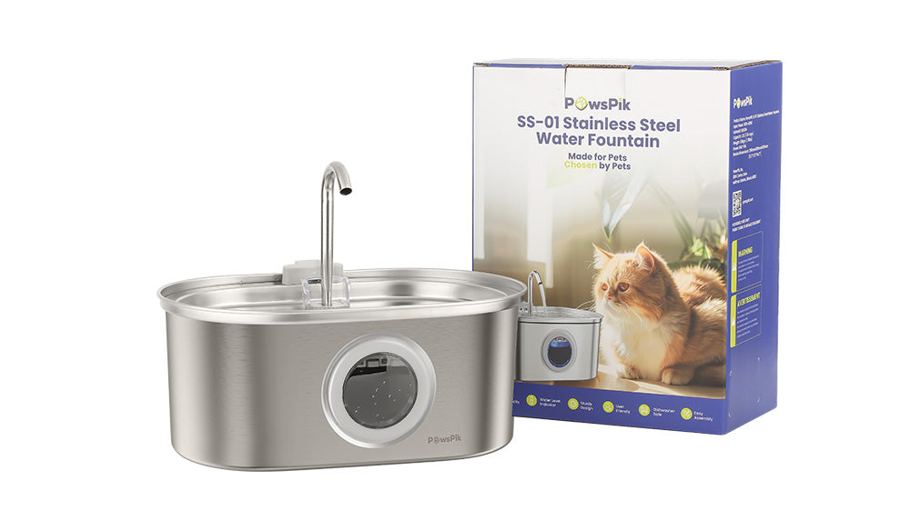PawsPik Stainless steel pet water fountain next to its packaging box with an image of a cat.