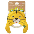 Load image into Gallery viewer, A plush tiger-shaped pet flying disc dog toy by PawsPik with a rope ring, labelled as recycled and eco-friendly.