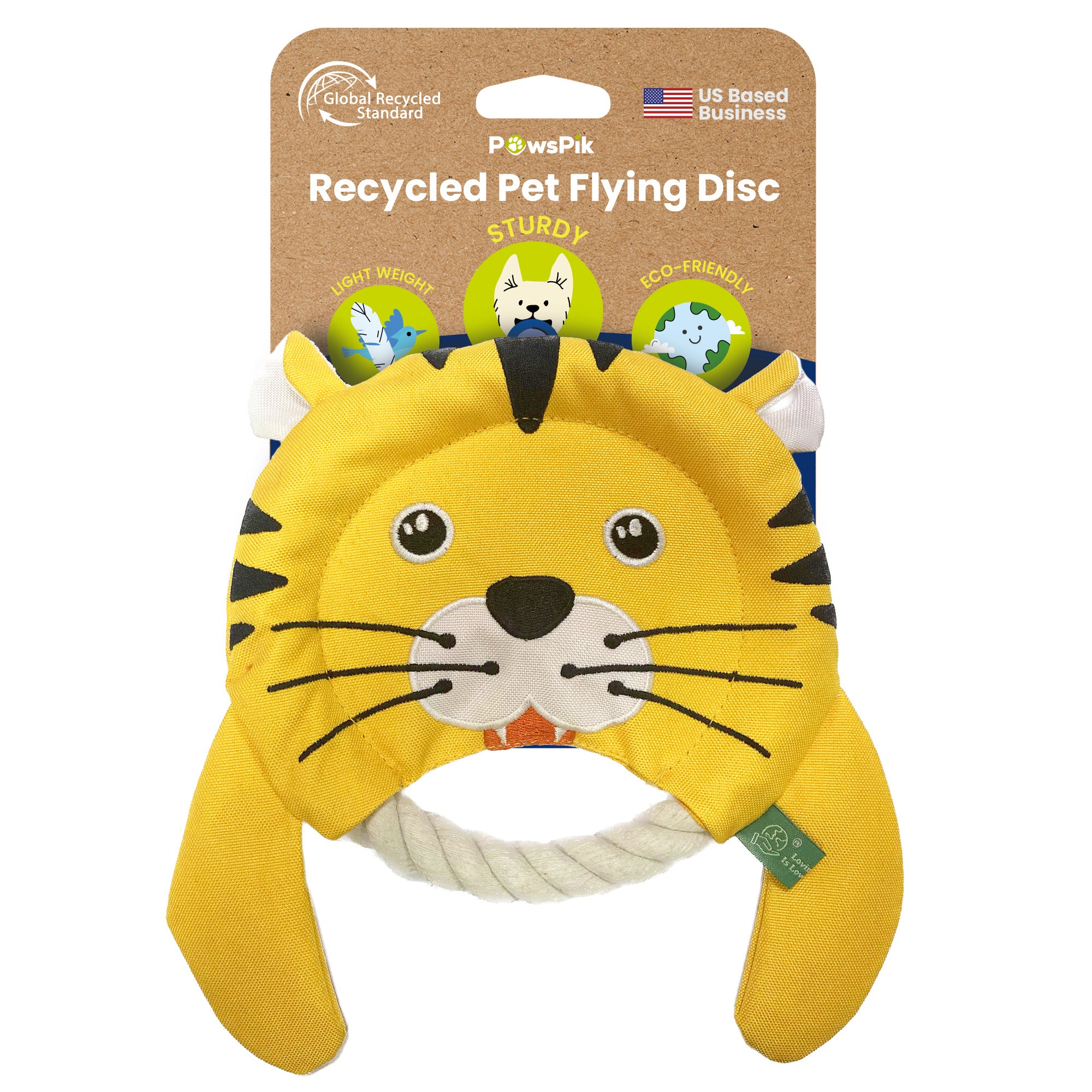 A plush tiger-shaped pet flying disc dog toy by PawsPik with a rope ring, labelled as recycled and eco-friendly.