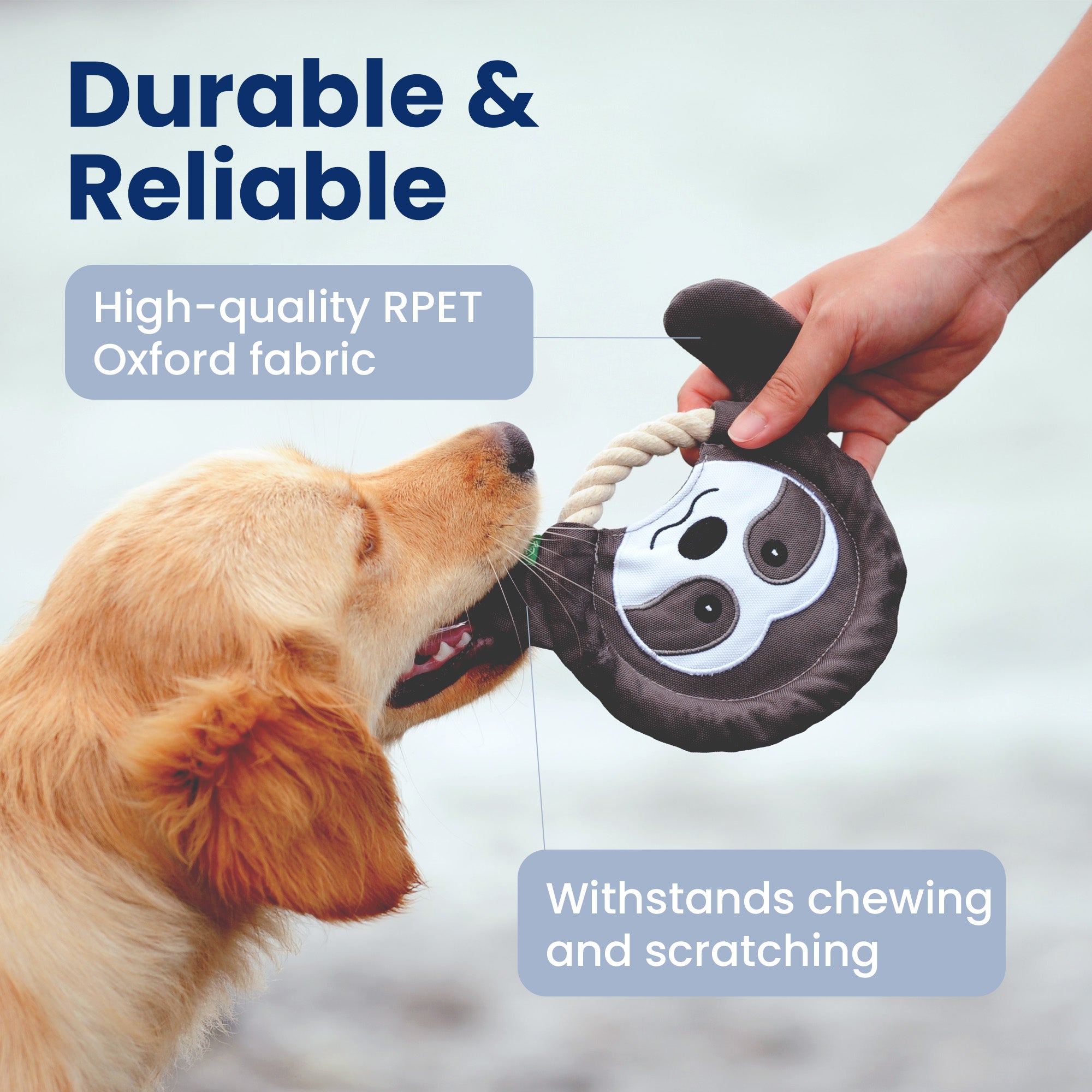 A golden retriever tugging on a durable RPET Oxford fabric dog toy by PawsPik.