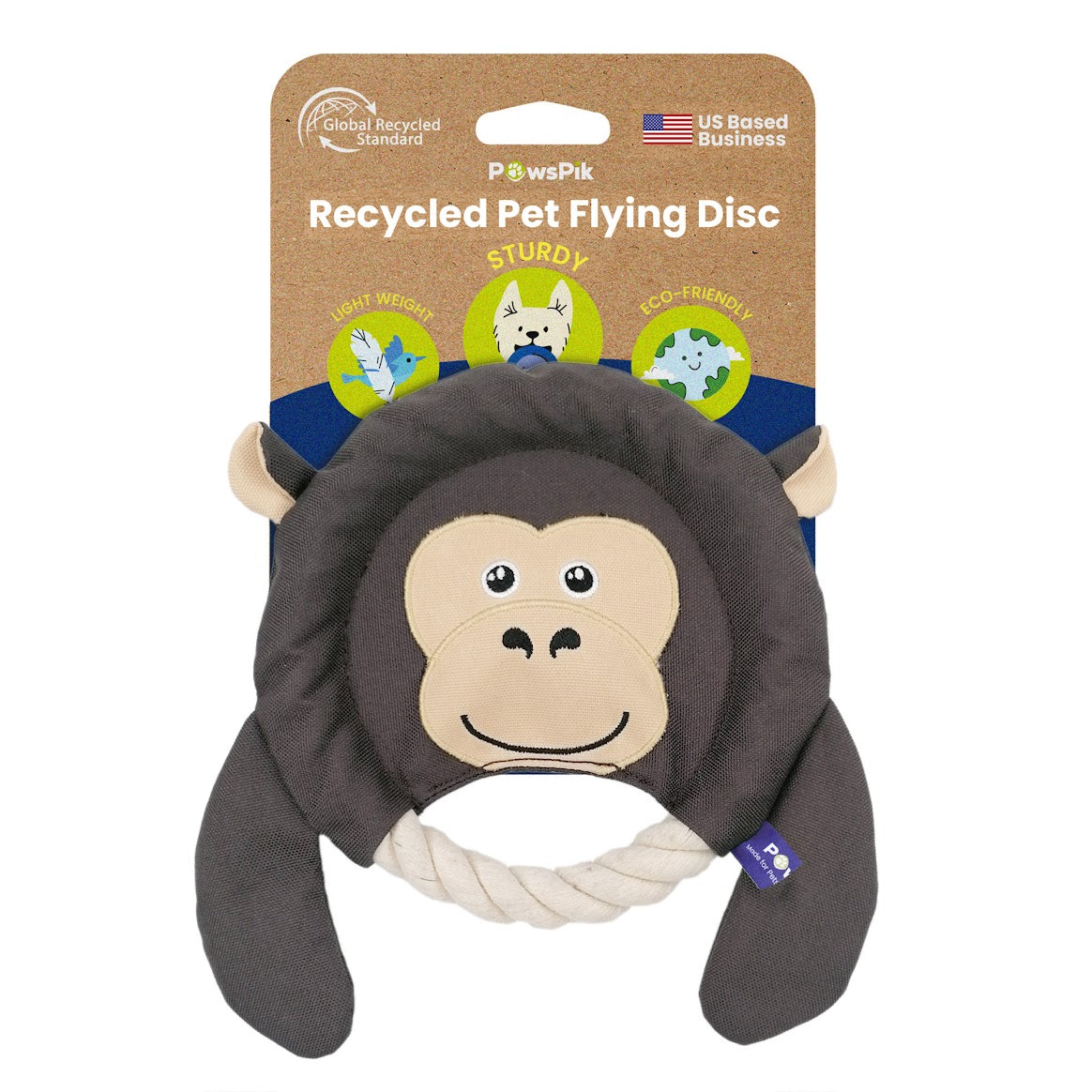 A plush monkey dog toy by PawsPik with a rope ring, on a card labelled as "Recycled Pet Flying Disc".