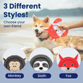 Load image into Gallery viewer, Advertisement of PawsPik dog toys with a Shiba Inu and three styled plushies: monkey, sloth (blurred), and fox.