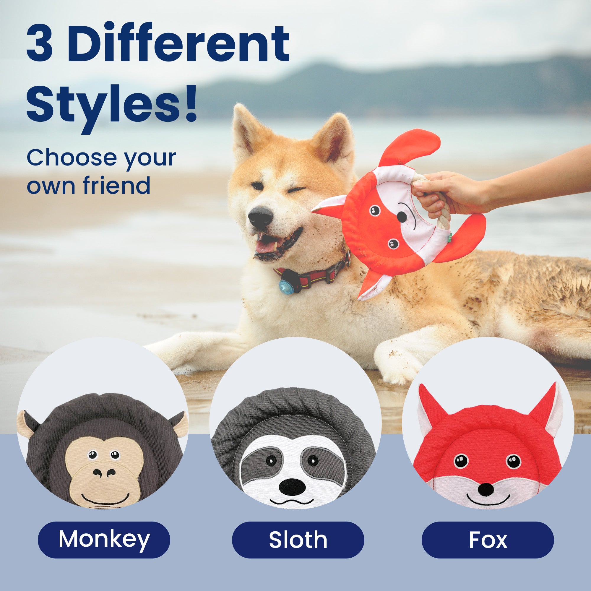 Advertisement of PawsPik dog toys with a Shiba Inu and three styled plushies: monkey, sloth (blurred), and fox.