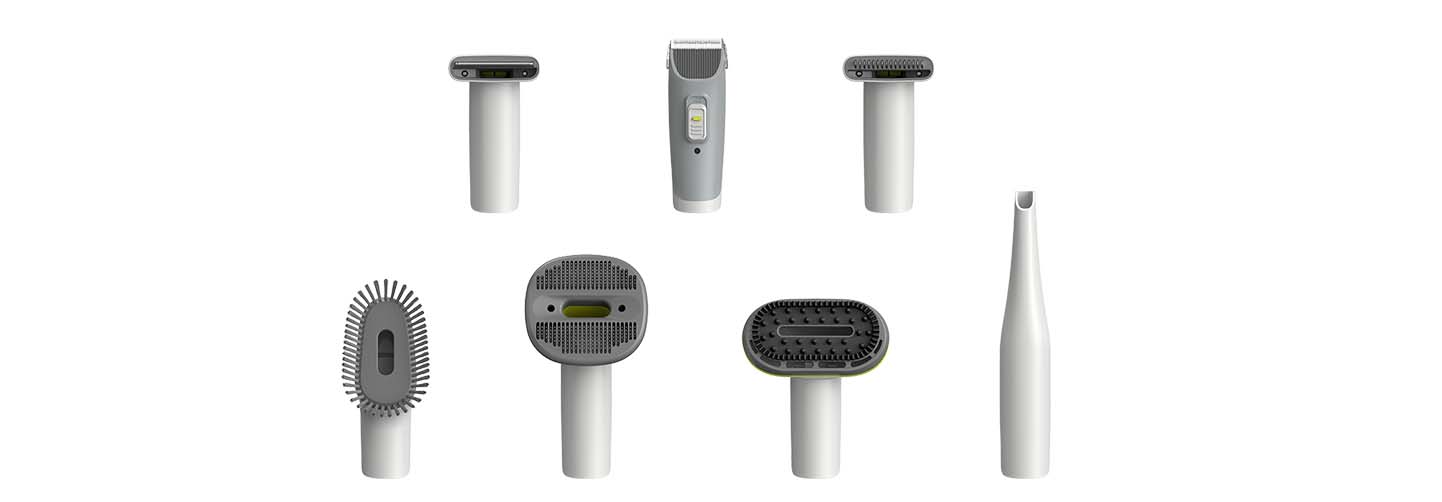 Collection of seven different electric dog grooming kit attachments by PawsPik on a white background.