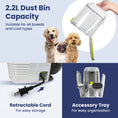 Load image into Gallery viewer, Highlighting PawsPik dog grooming kit features i.e. 2.2L dust bin, retractable cord, and accessory tray, plus three dogs indicating pet friendliness.