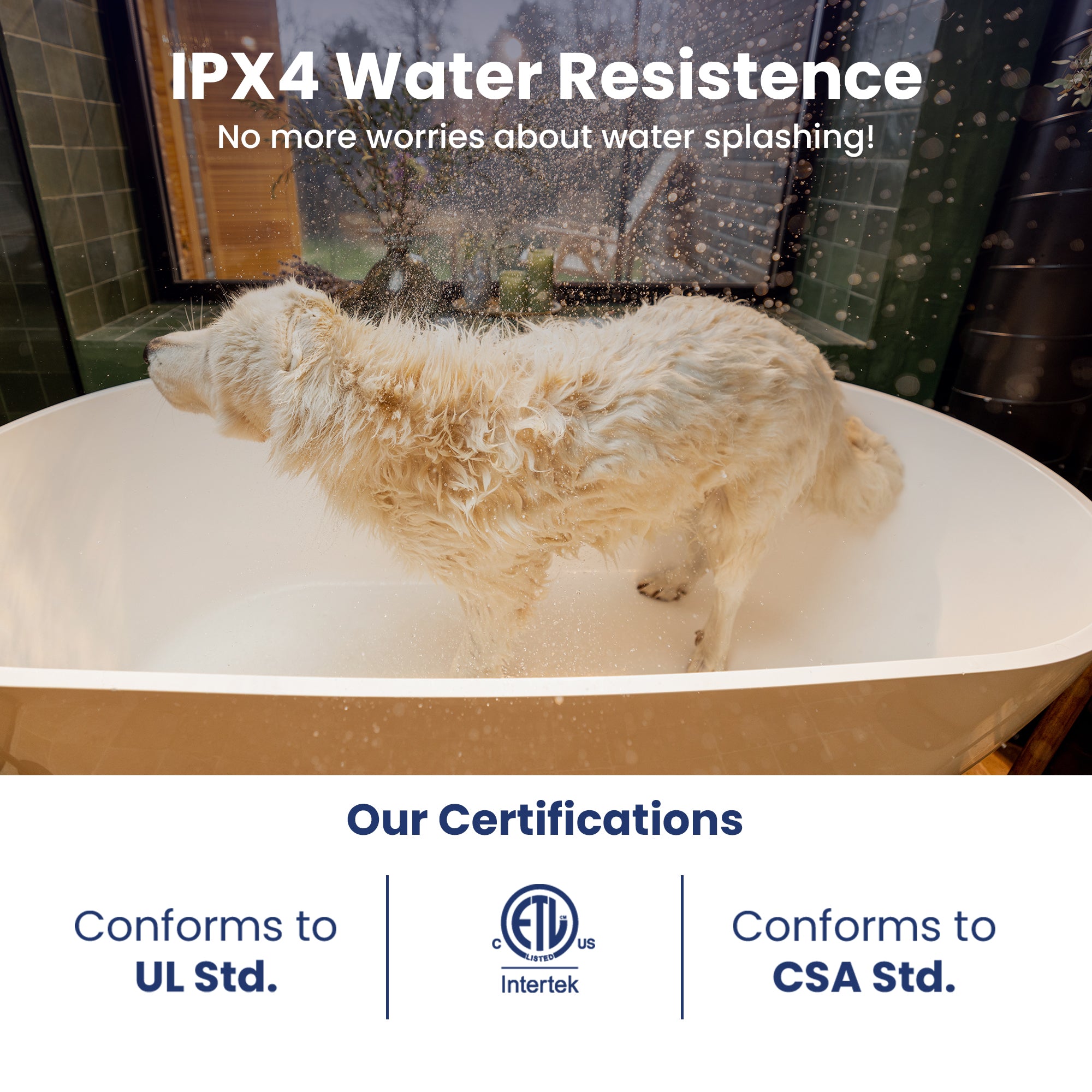 A dog shaking off water in a bathtub with texts about IPX4 Water Resistance and certification logos of PawsPik Pet Vacuum Cleaner.