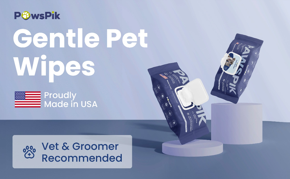 Graphic for "Gentle Pet Wipes" by PawsPik, indicating they are made in the USA and recommended by vets and groomers.
