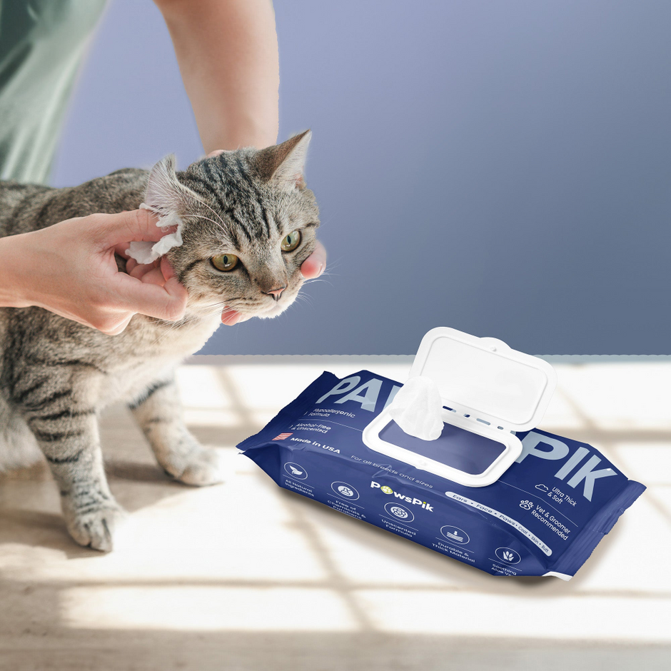 Person cleaning a cat's ears with a wipe from an open box of PawsPik pet wipes.