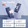 Load image into Gallery viewer, Two packages of "PAWSPIK" doggie wipes with features listed: hypoallergenic, thick & soft, alcohol-free, vet-recommended.