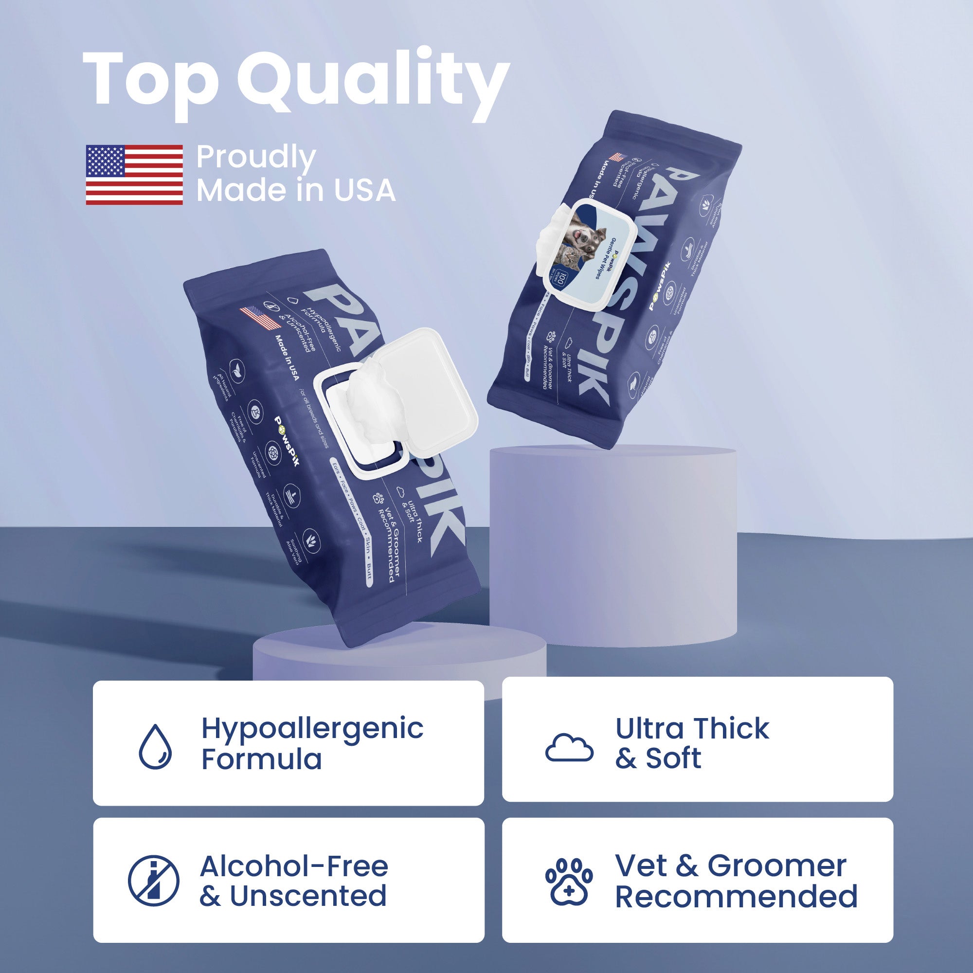 Two packages of "PAWSPIK" doggie wipes with features listed: hypoallergenic, thick & soft, alcohol-free, vet-recommended.