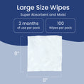 Load image into Gallery viewer, Graphic for large size pet wipes, 8" x 8", super absorbent, with 100 wipes per pack, lasting 2 months.