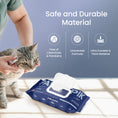 Load image into Gallery viewer, Person wipes a cat's ear with PawsPik cat wipes with text "Safe and Durable Material" and icons featuring chemical free, unscented formula, and ultra durable & thick material.