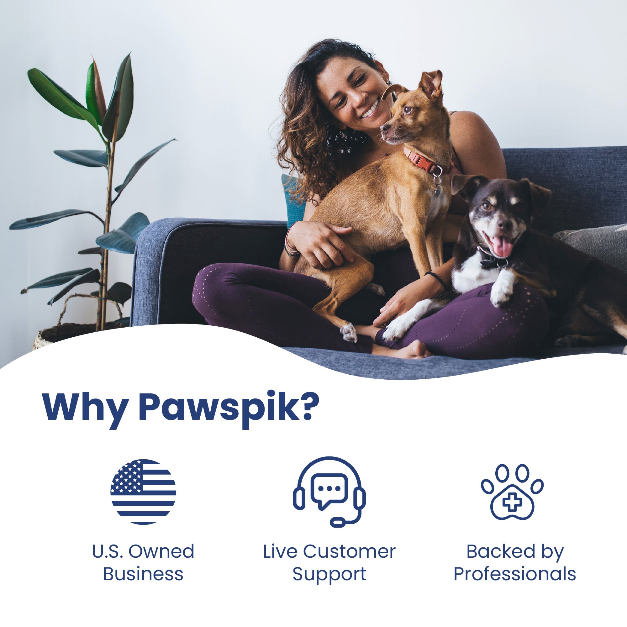 Woman sitting with two dogs on a couch, with the text "Why Pawspik?" and icons below.