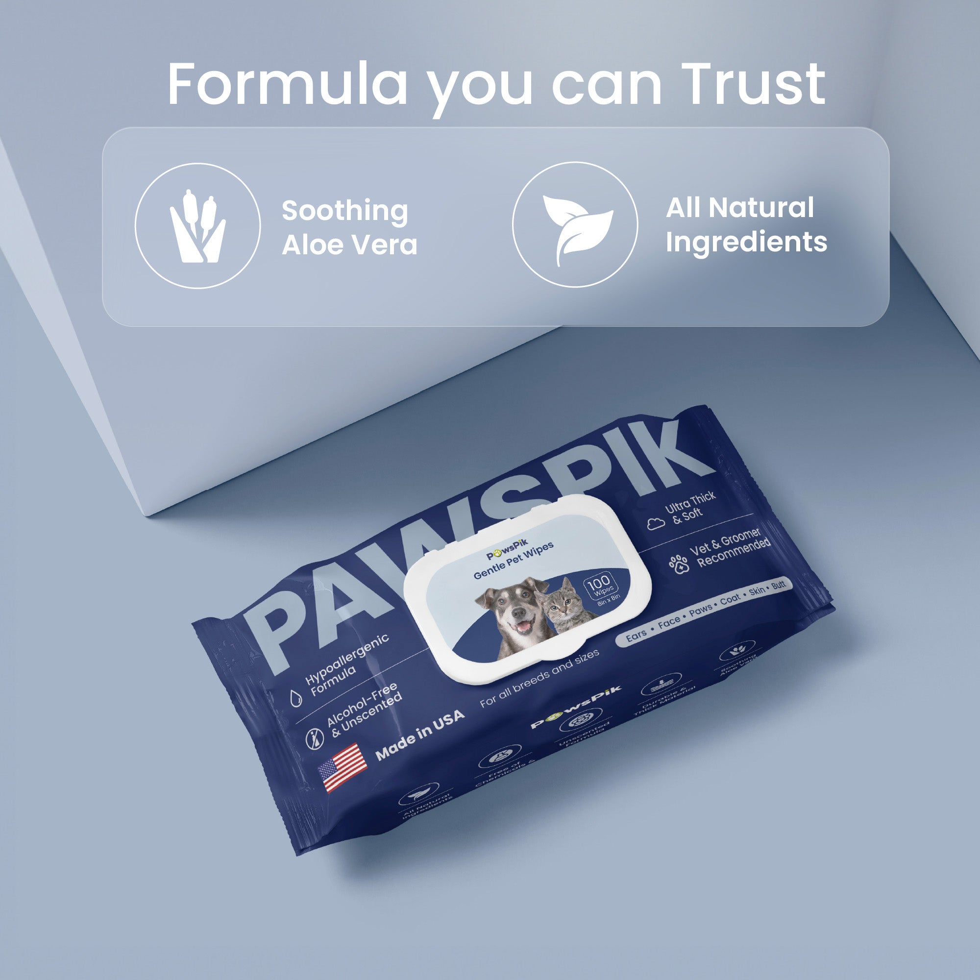 Pack of 'PAWSPIK' pet wipes with "Soothing Aloe Vera" and "All Natural Ingredients" advertised, on a blue background.