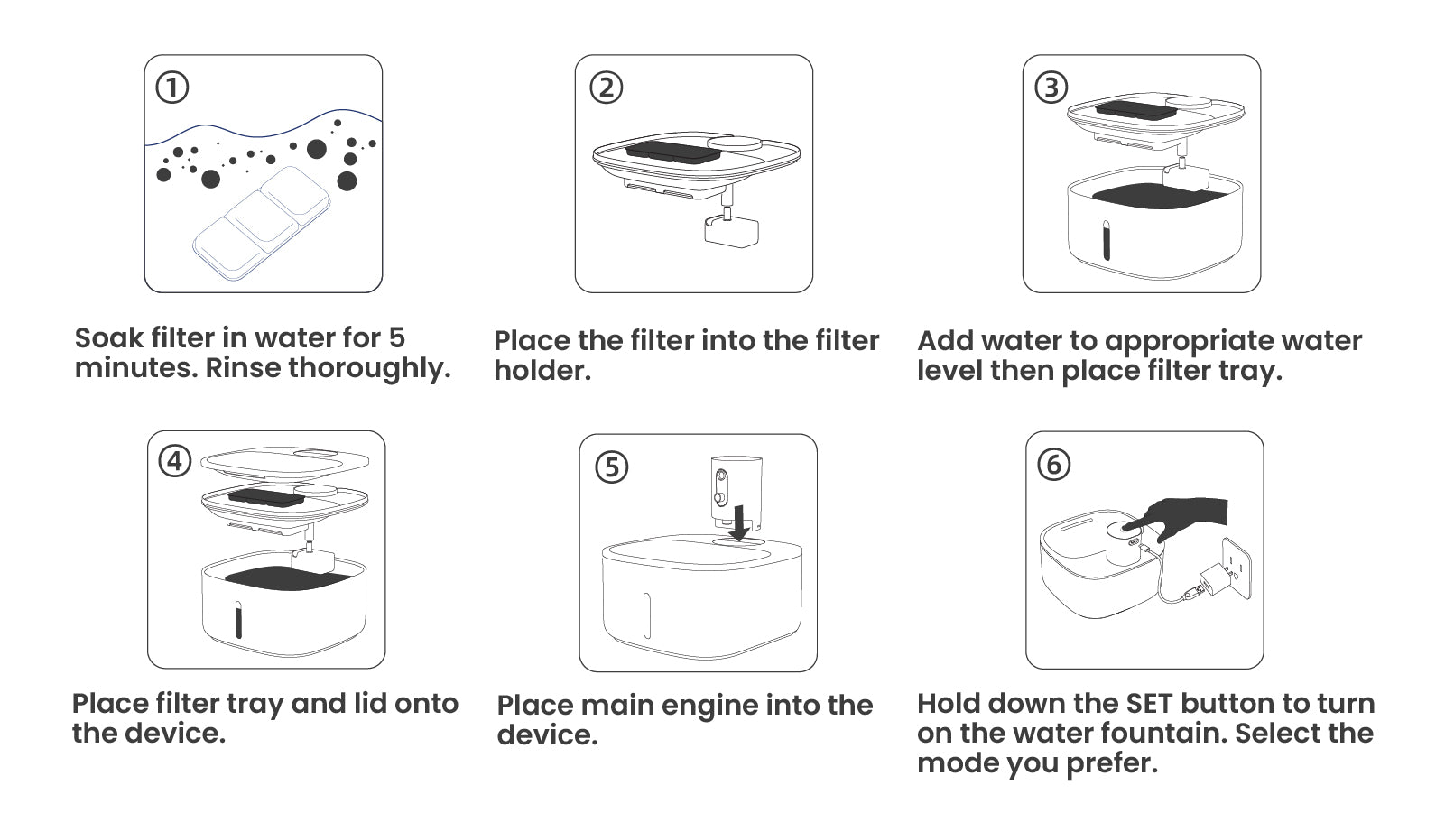 Step-by-step instructions for setting up filter in PawsPik Cat water fountain, detailing filter soaking, placement, water filling, and operation.