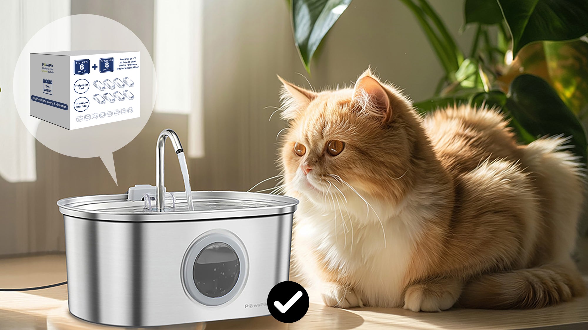 A fluffy orange cat curiously watches PawsPik stainless steel pet water fountain, with a filter box displayed nearby.