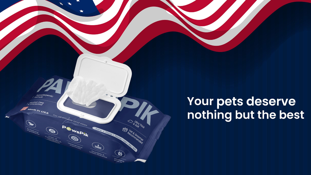 American flag backdrop with PawsPik dog wipes packaging and the text "Your pets deserve nothing but the best.”