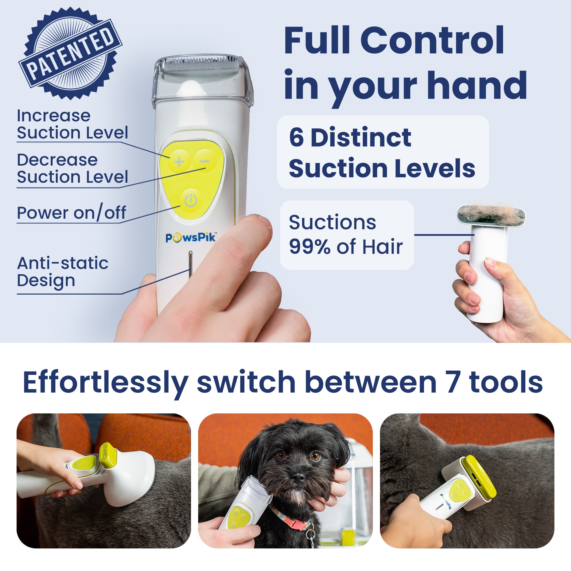 PawsPik® Professional Pet Vacuum Grooming Kit with 7 Attachments